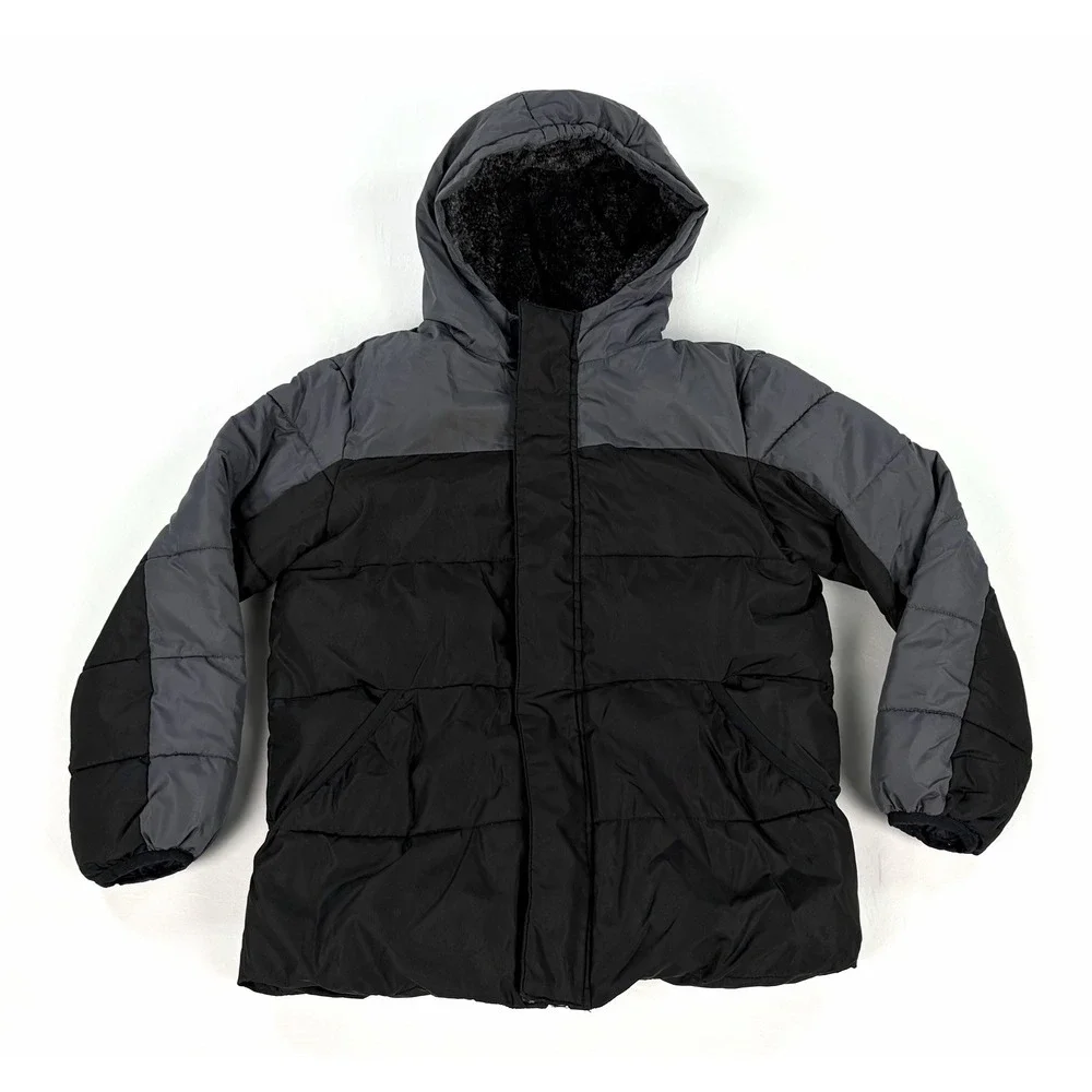 Wonder Nation Boys Puffer Jacket Coat Hooded Winter Black Gray Kids Size S 6-7